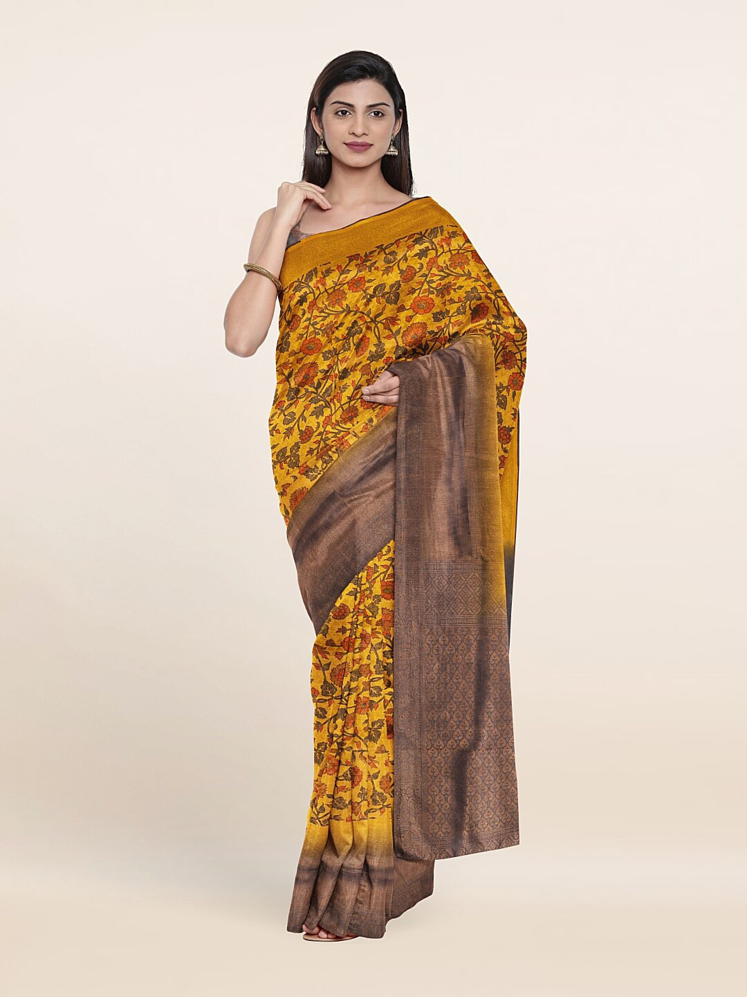 

Pothys Yellow & Gold-Toned Floral Printed Zari Art Silk Saree