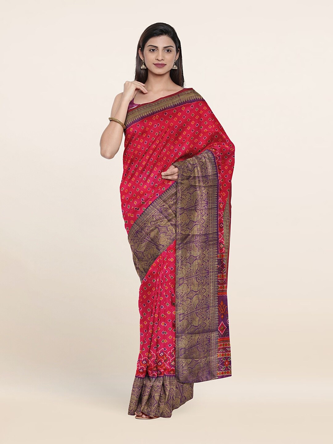 

Pothys Pink & Gold-Toned Floral Printed Zari Art Silk Saree