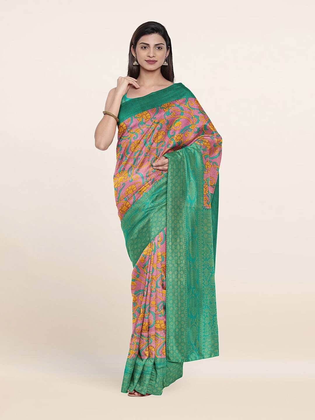 

Pothys Pink & Green Floral Zari Art Silk Saree