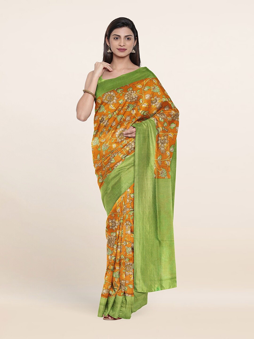 

Pothys Women Mustard & Green Floral Zari Art Silk Saree