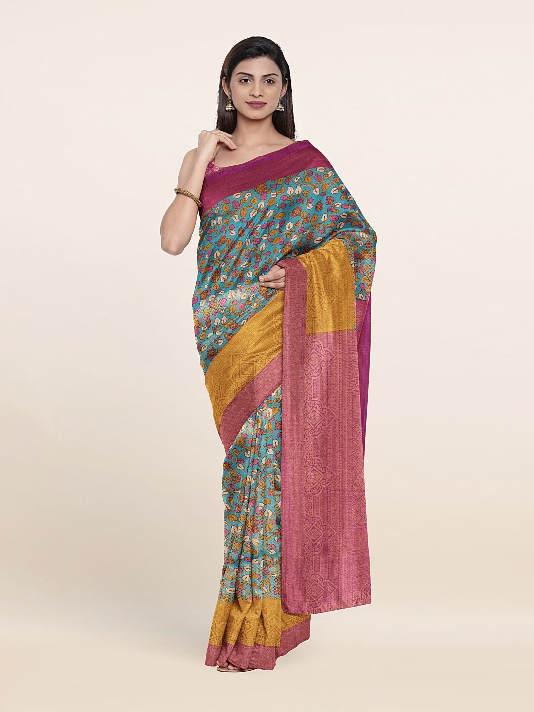 

Pothys Women Blue & Pink Floral Art Silk Saree