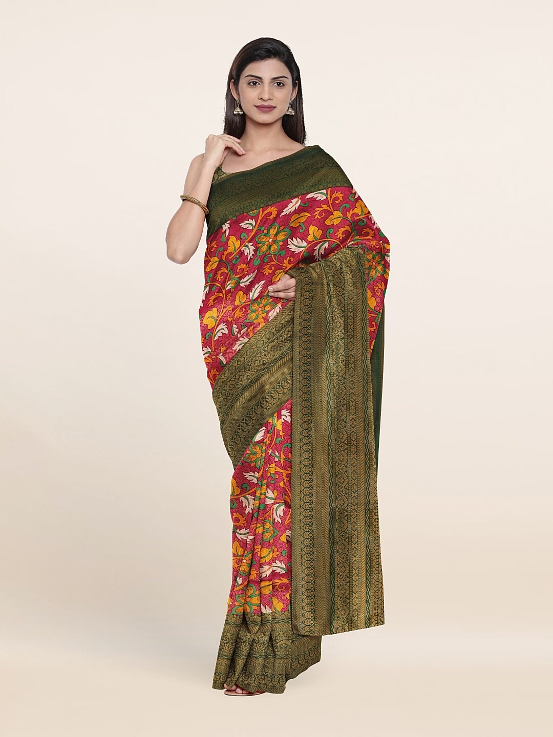 

Pothys Pink & Green Floral Zari Art Silk Saree