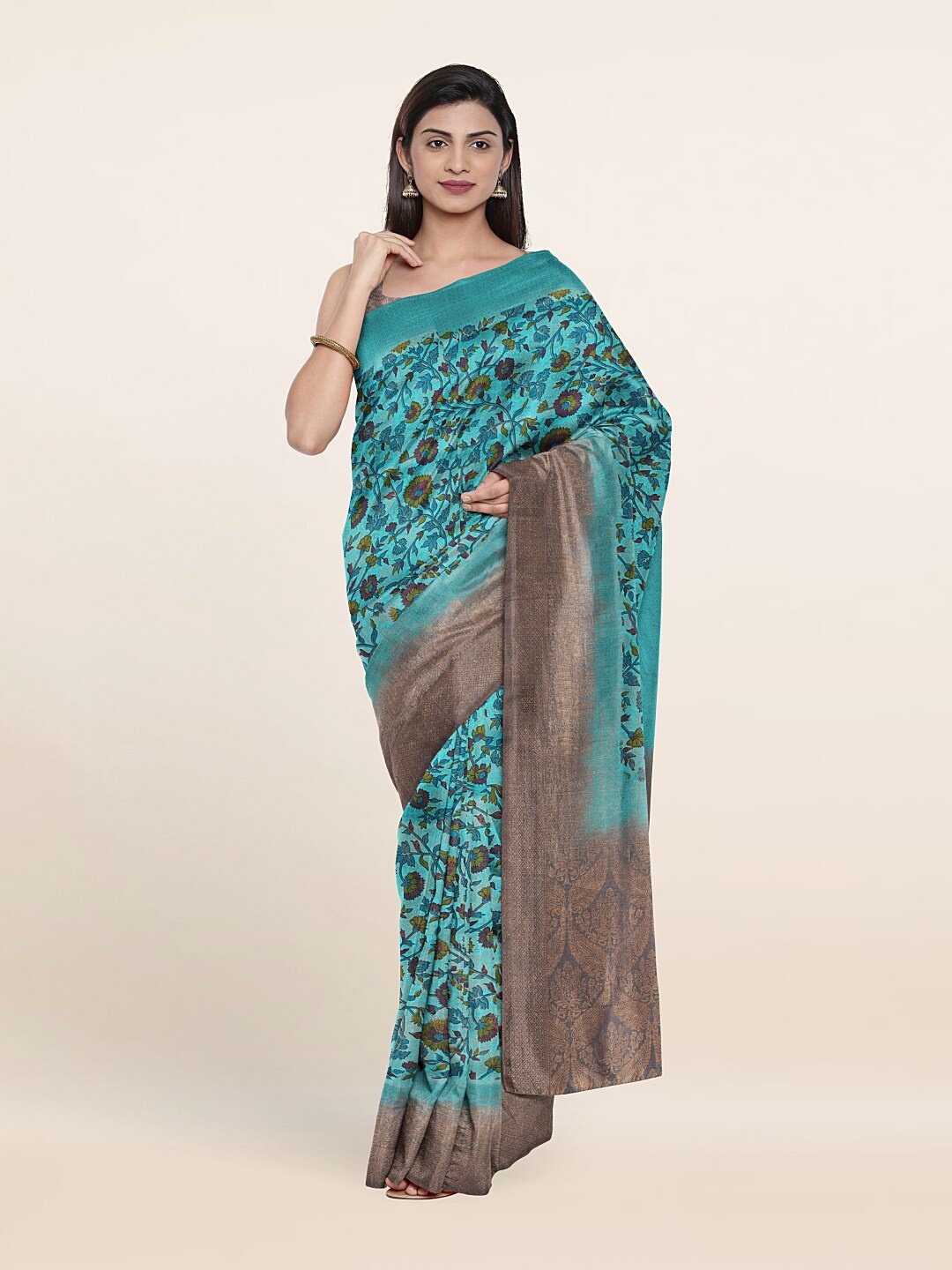 

Pothys Blue & Grey Floral Zari Art Silk Saree