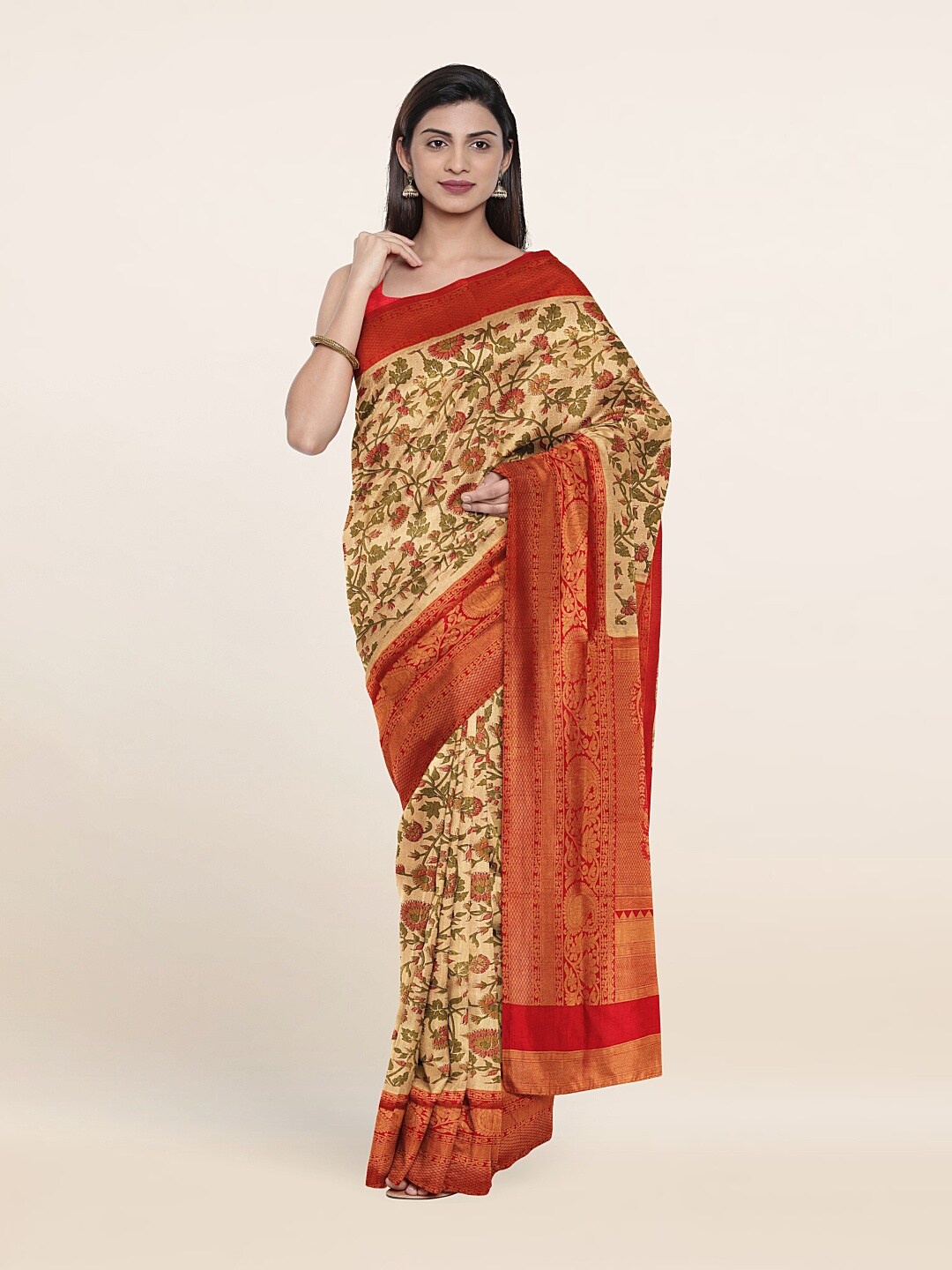 

Pothys Cream-Coloured & Red Floral Zari Art Banaras Silk Saree