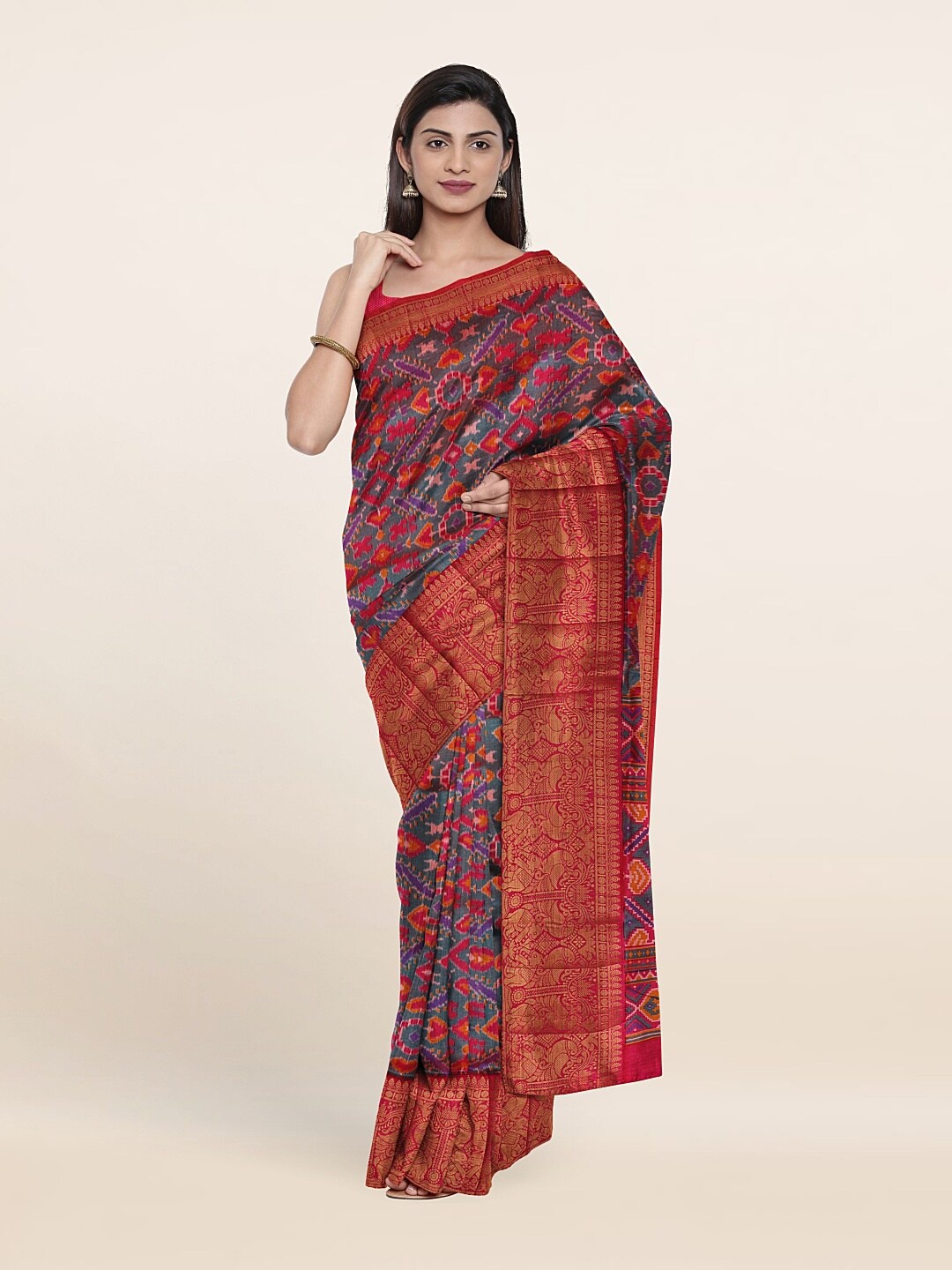 

Pothys Grey & Red Ethnic Motifs Zari Art Silk Saree
