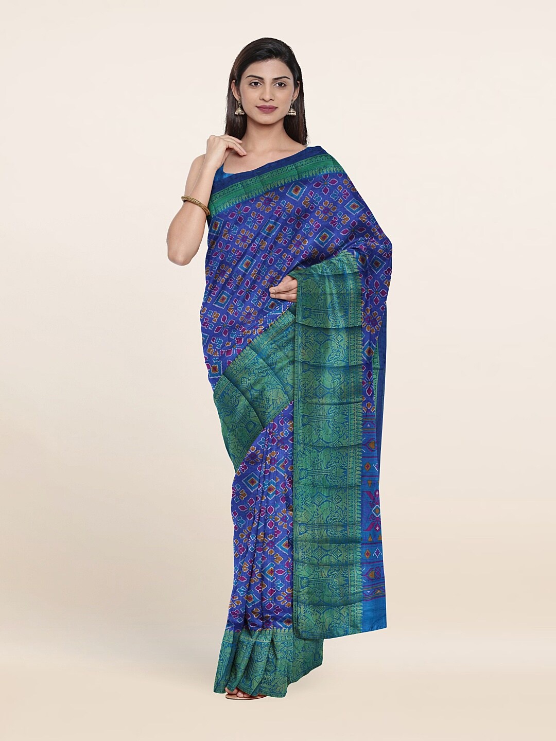 

Pothys Blue & Green Ethnic Motifs Printed Zari Art Silk Saree