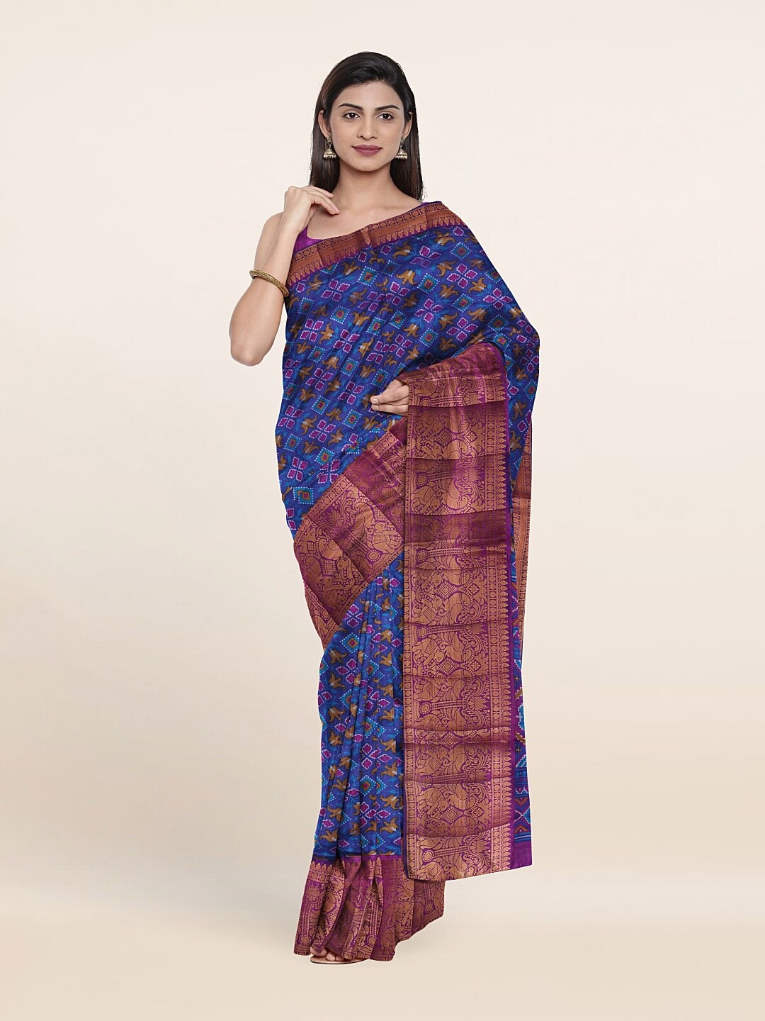 

Pothys Blue & Gold-Toned Ethnic Motifs Zari Art Silk Saree