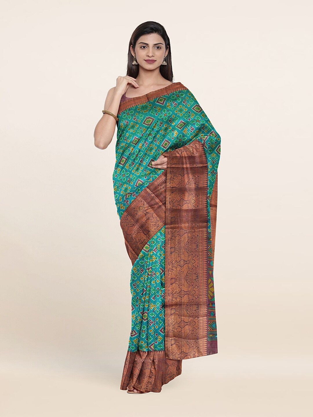 

Pothys Women Brown & Green Floral Zari Art Silk Saree
