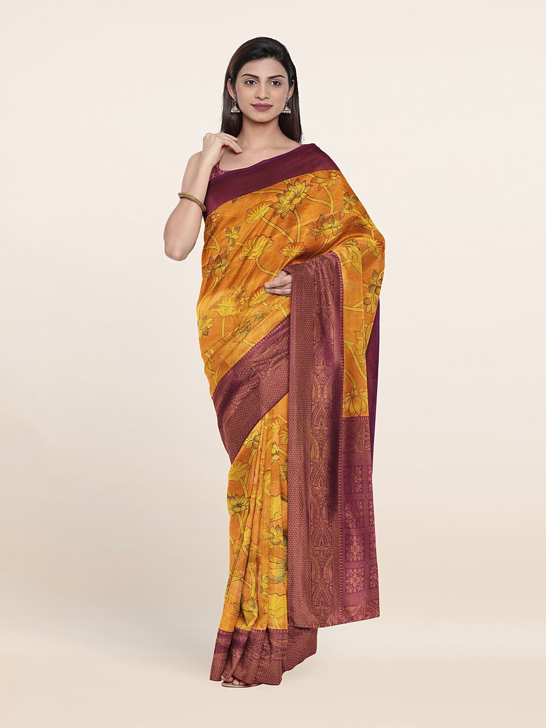 

Pothys Yellow & Gold-Toned Floral Zari Art Silk Banarasi Saree