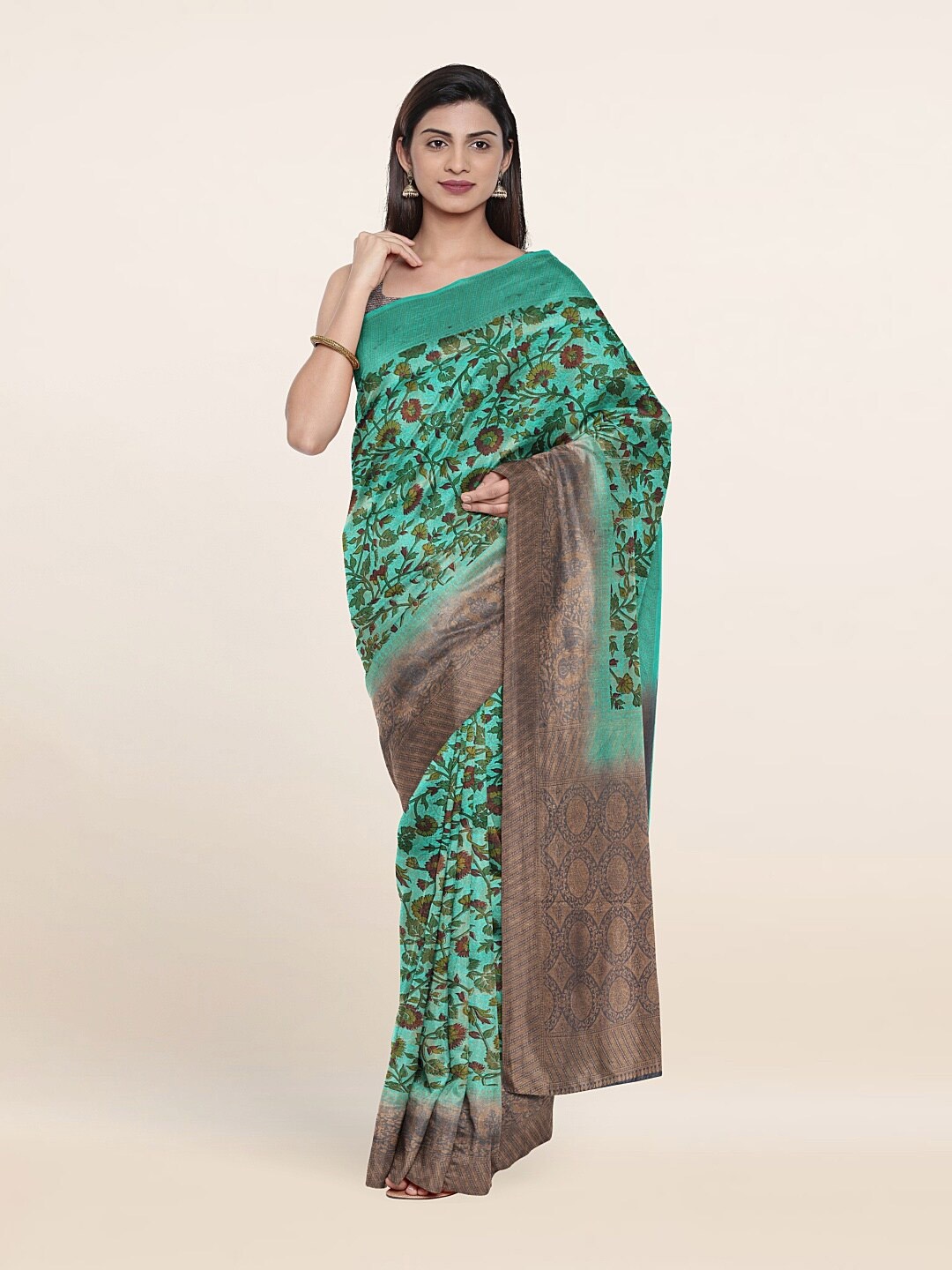 

Pothys Green & Gold-Toned Floral Zari Pothys Art Banaras Art Silk Saree
