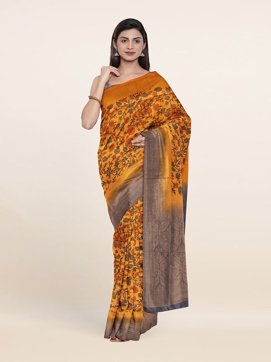 

Pothys Mustard & Gold-Toned Floral Zari Art Silk Saree