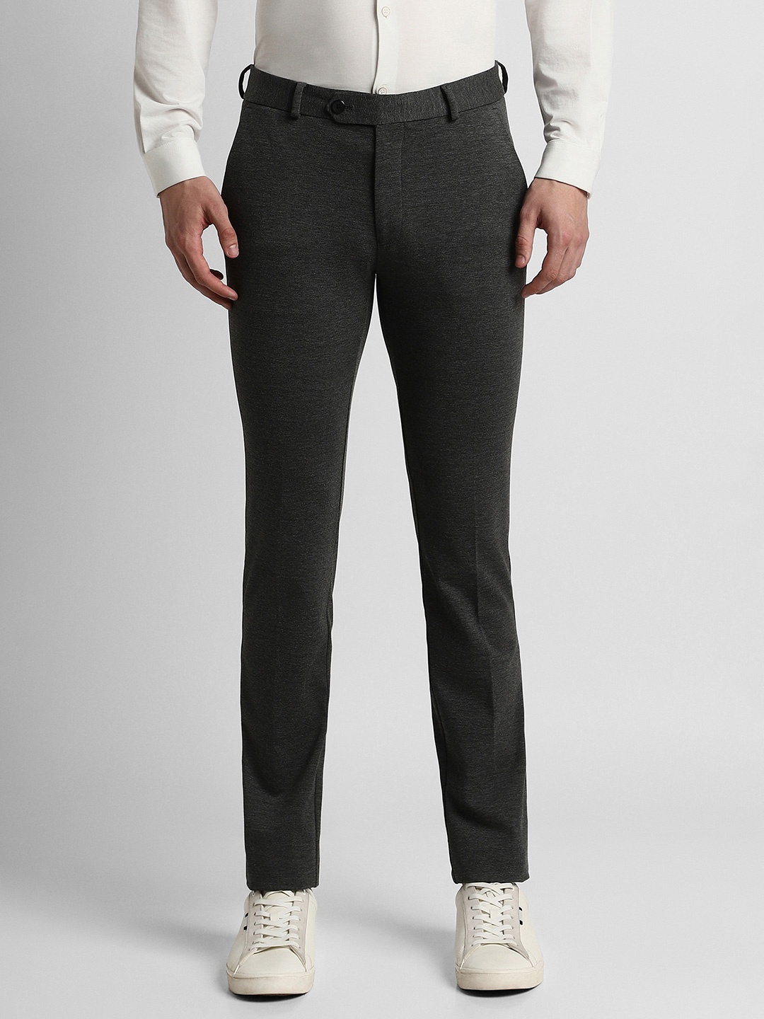 

Peter England Men Grey Textured Slim Fit Trousers