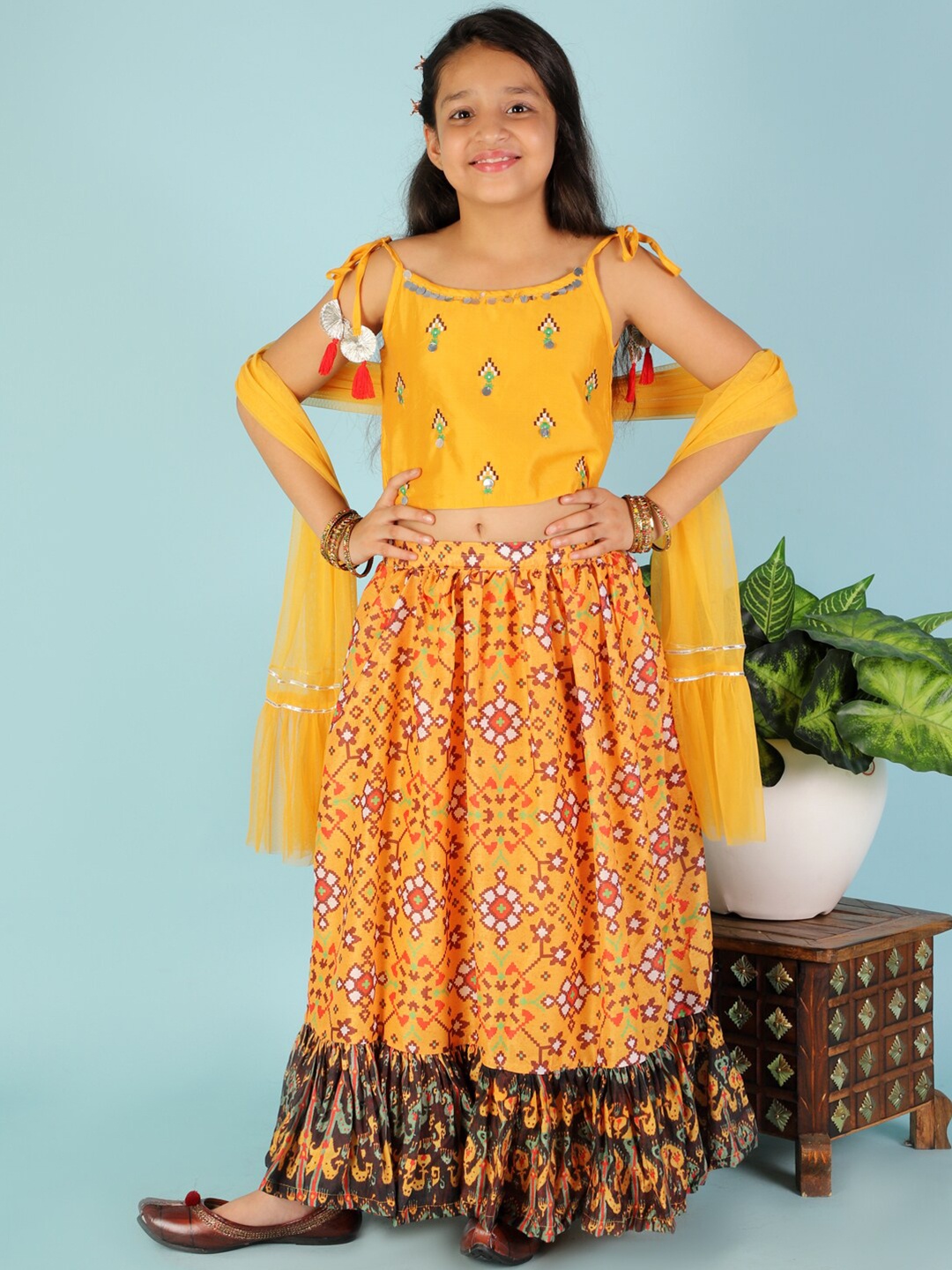 

LIL DRAMA Girls Yellow & Green Embroidered Ready to Wear Lehenga & Blouse With Dupatta
