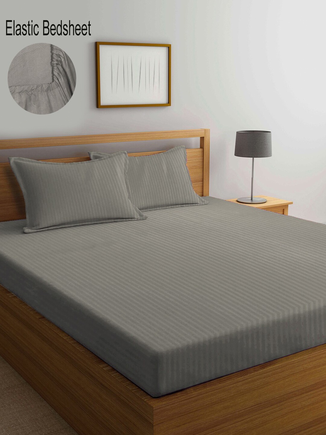 

KLOTTHE Grey Striped 300 TC Fitted King Bedsheet with 2 Pillow Covers