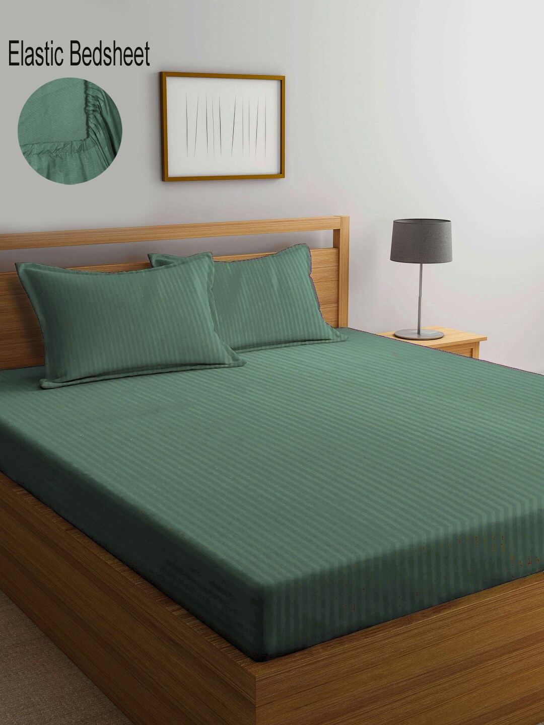 

KLOTTHE Striped 300 TC Fitted King Bedsheet with 2 Pillow Covers, Green