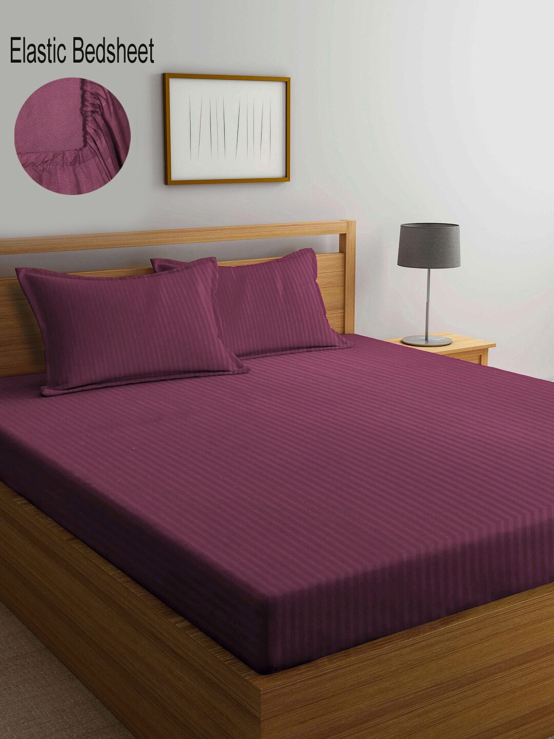 

KLOTTHE Striped 300 TC Fitted King Bedsheet with 2 Pillow Covers, Maroon