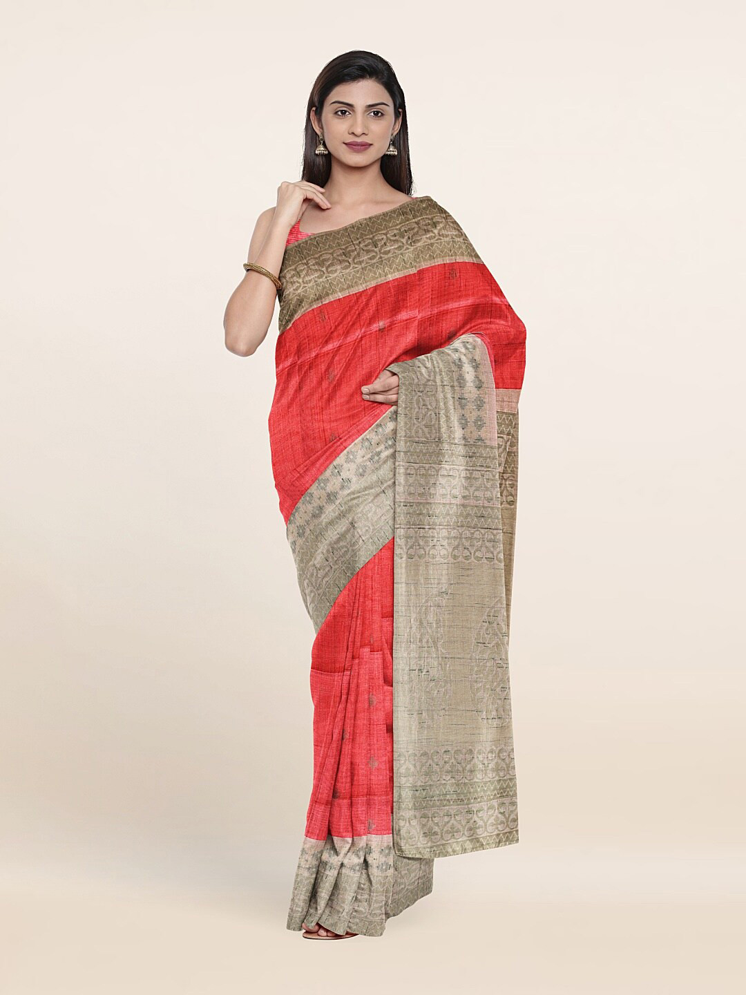 

Pothys Red & Gold-Toned Ethnic Motifs Art Silk Saree