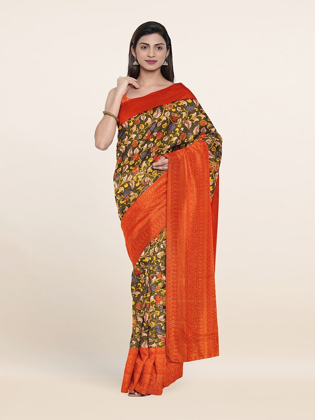 

Pothys Green & Orange Floral Zari Art Silk Saree