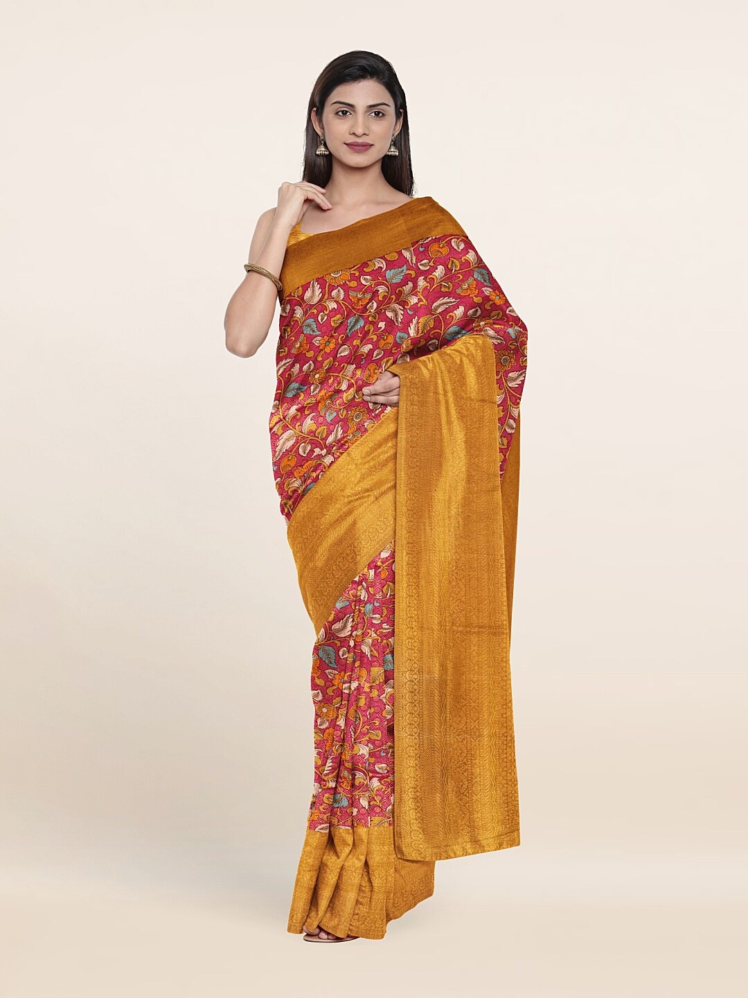 

Pothys Women Mustard Kalamkari Zari Art Silk Saree