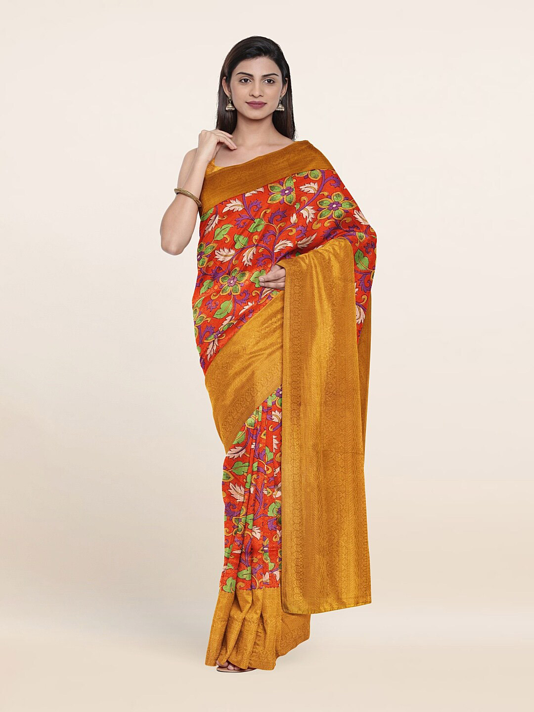 

Pothys Red & Gold-Toned Floral Printed Art Silk Saree