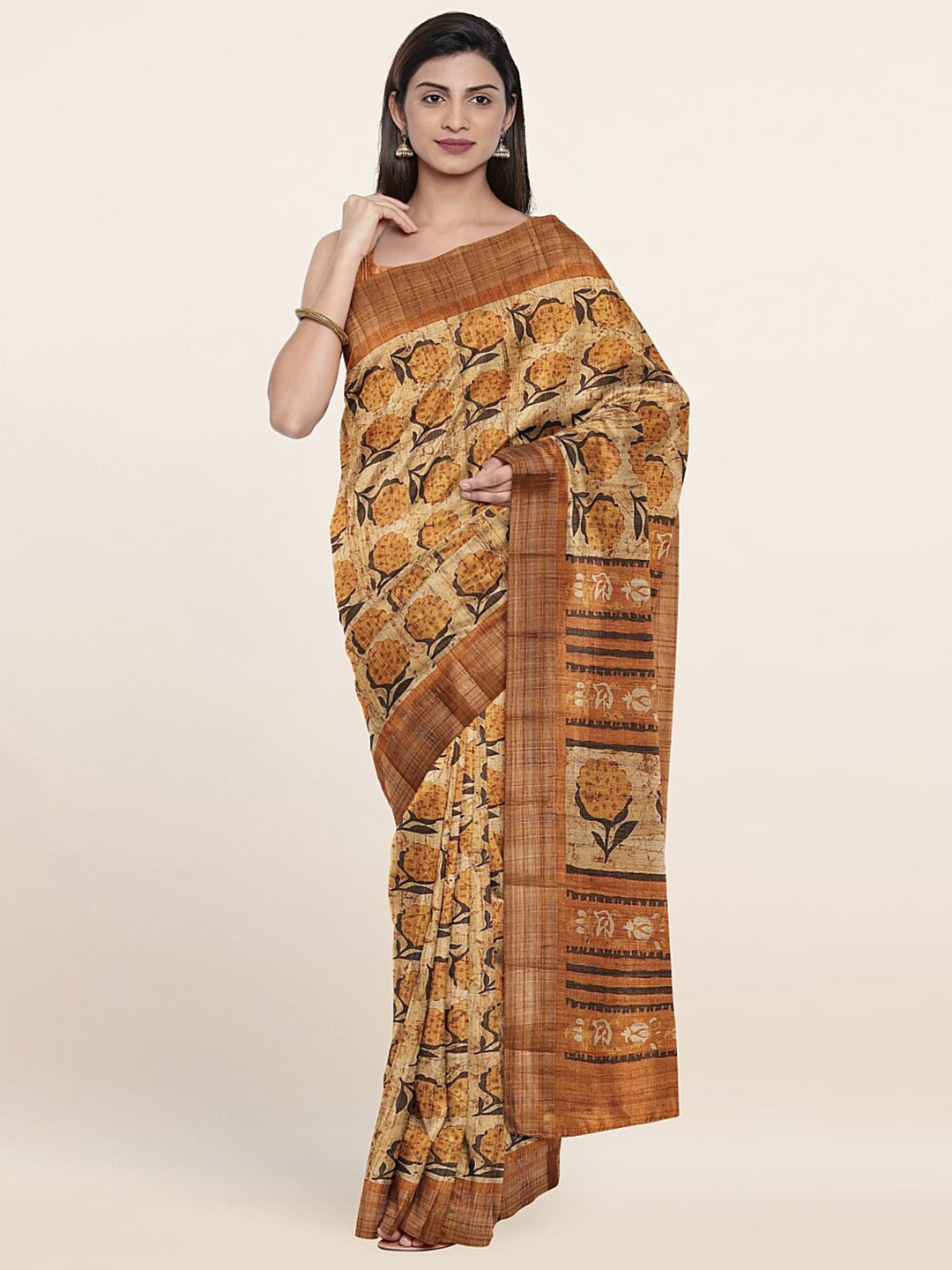 

Pothys Mustard & Black Floral Printed Zari Art Silk Saree