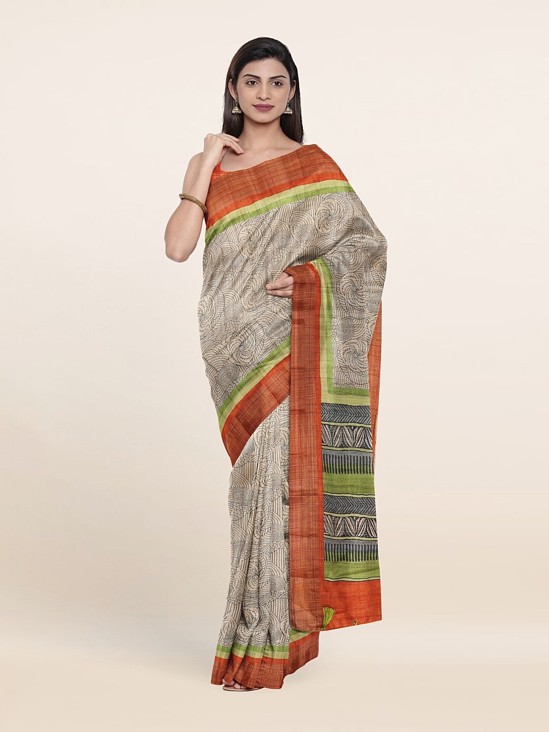 

Pothys Cream-Coloured & Red Ethnic Motifs Zari Art Silk Saree
