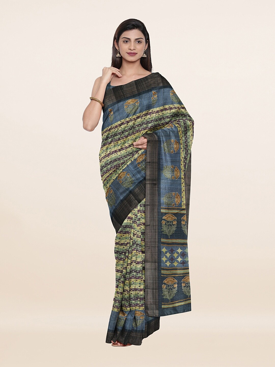 

Pothys Blue & Gold-Toned Floral Art Silk Saree