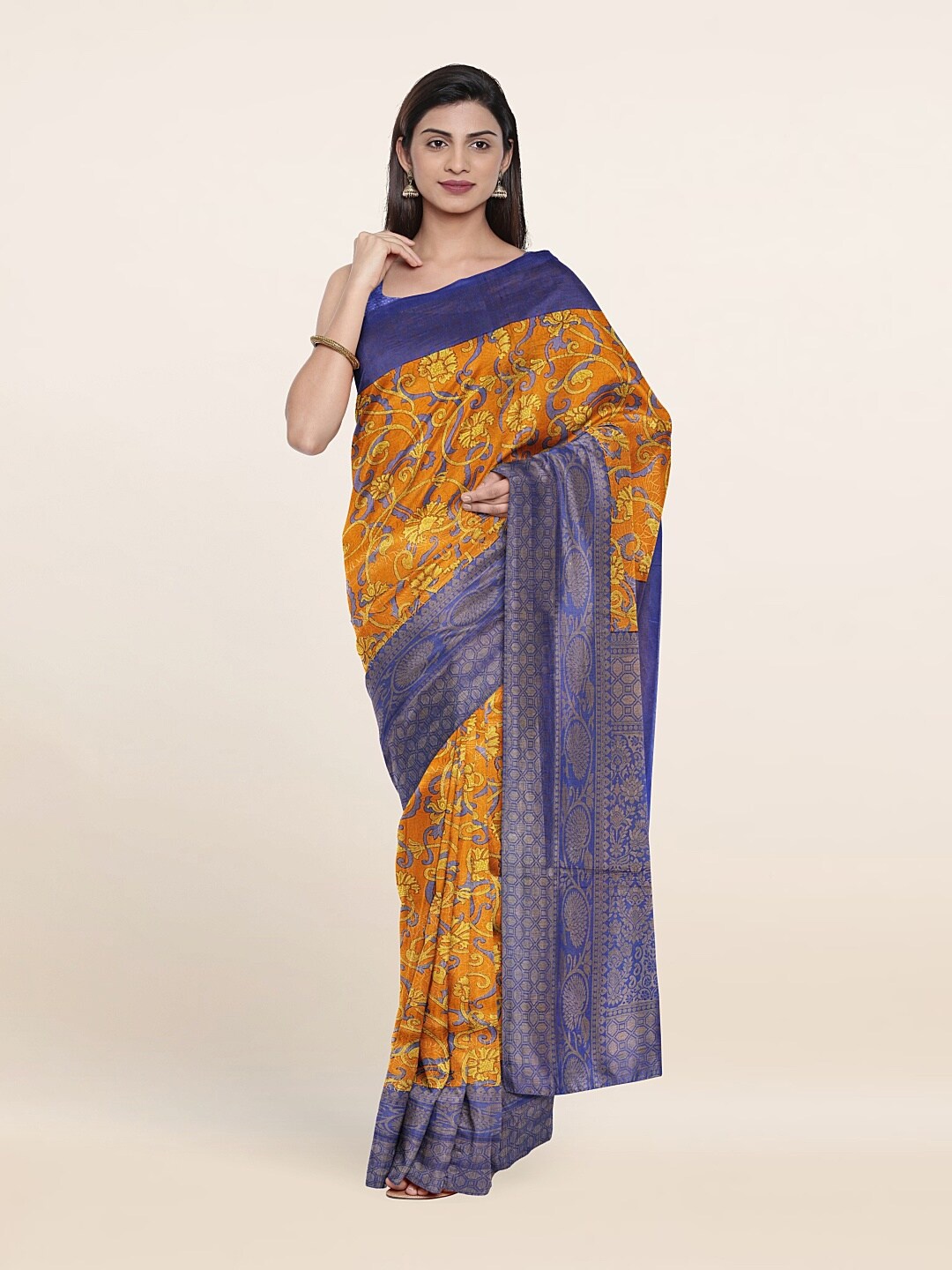 

Pothys Orange & Yellow Kalamkari Zari Art Silk Saree