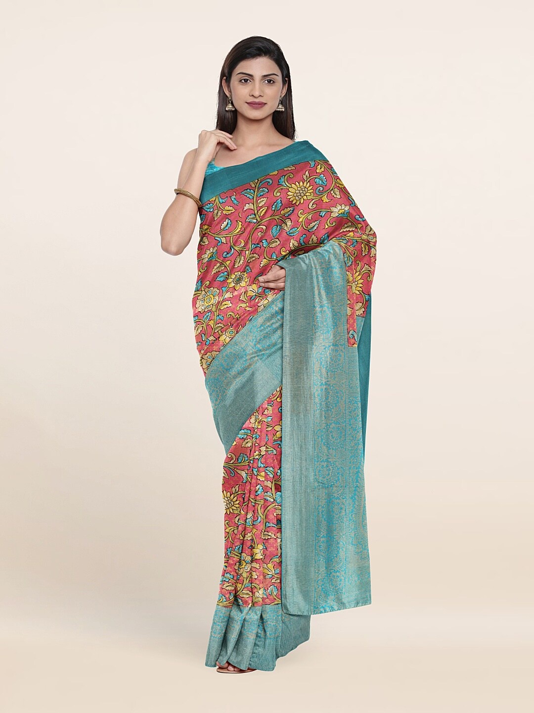 

Pothys Pink & Blue Kalamkari Zari Art Silk Saree