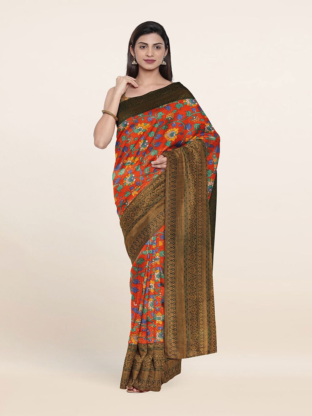 

Pothys Red & Gold-Toned Kalamkari Zari Art Silk Saree