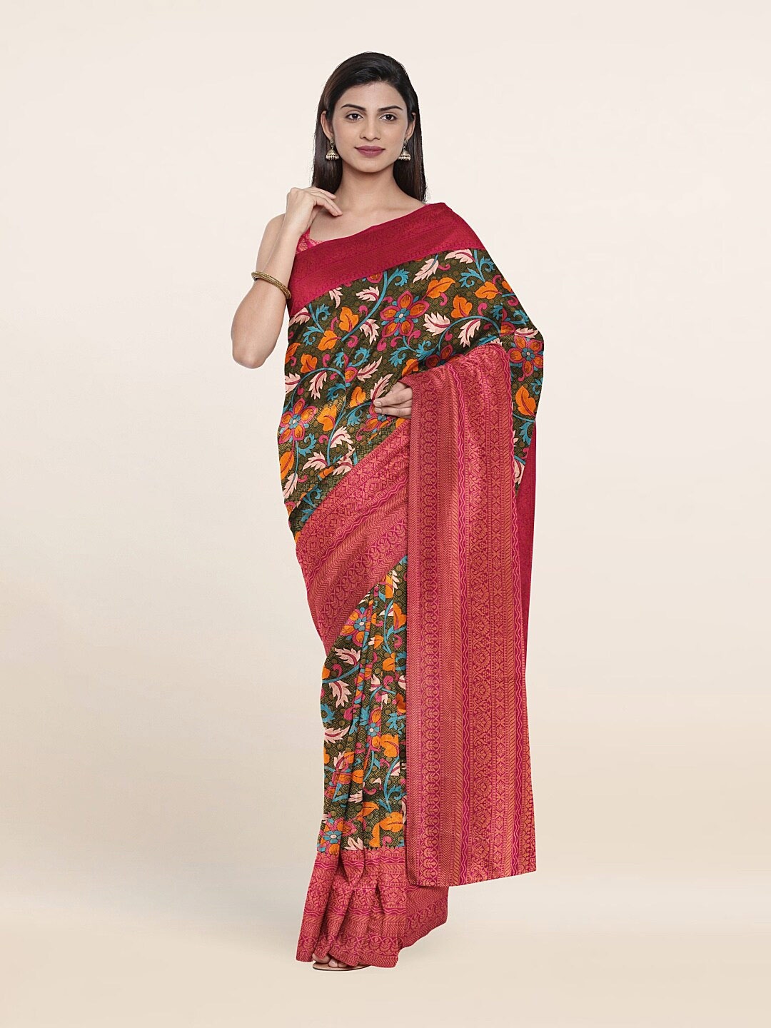 

Pothys Green & Pink Floral Art Silk Zari Saree