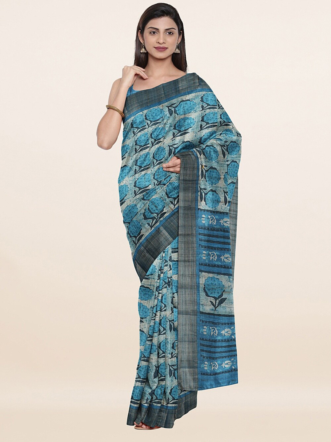 

Pothys Blue & Grey Floral Zari Art Silk Saree