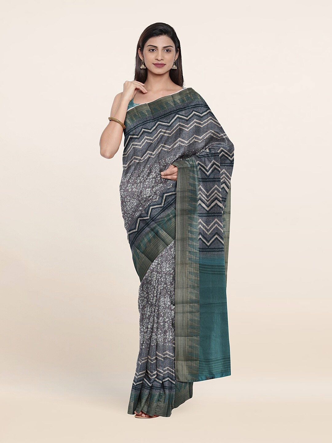 

Pothys Women Grey & Green Zari Art Dupion Silk Saree With Unstitched Blouse Piece