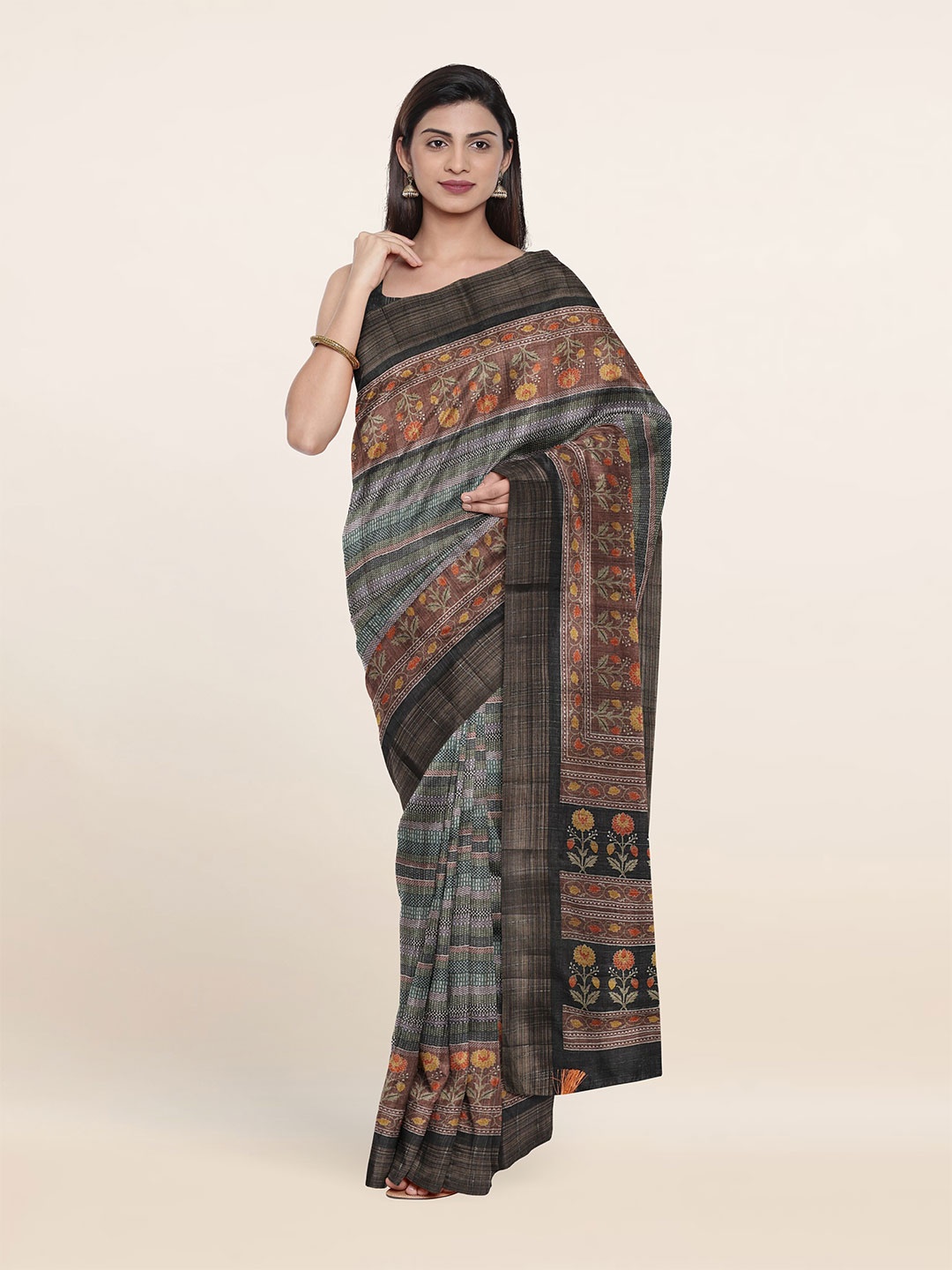 

Pothys Black & Brown Floral Zari Art Silk Saree