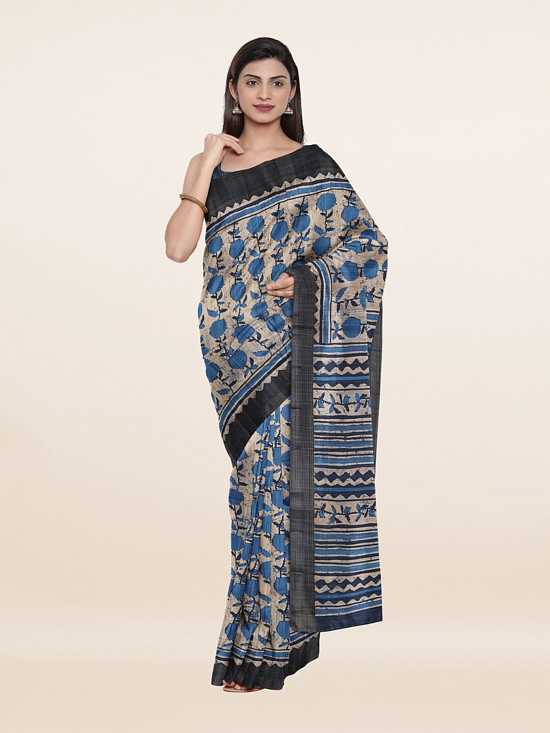 

Pothys Women Cream-Coloured & Blue Floral Printed Zari Art Silk Saree