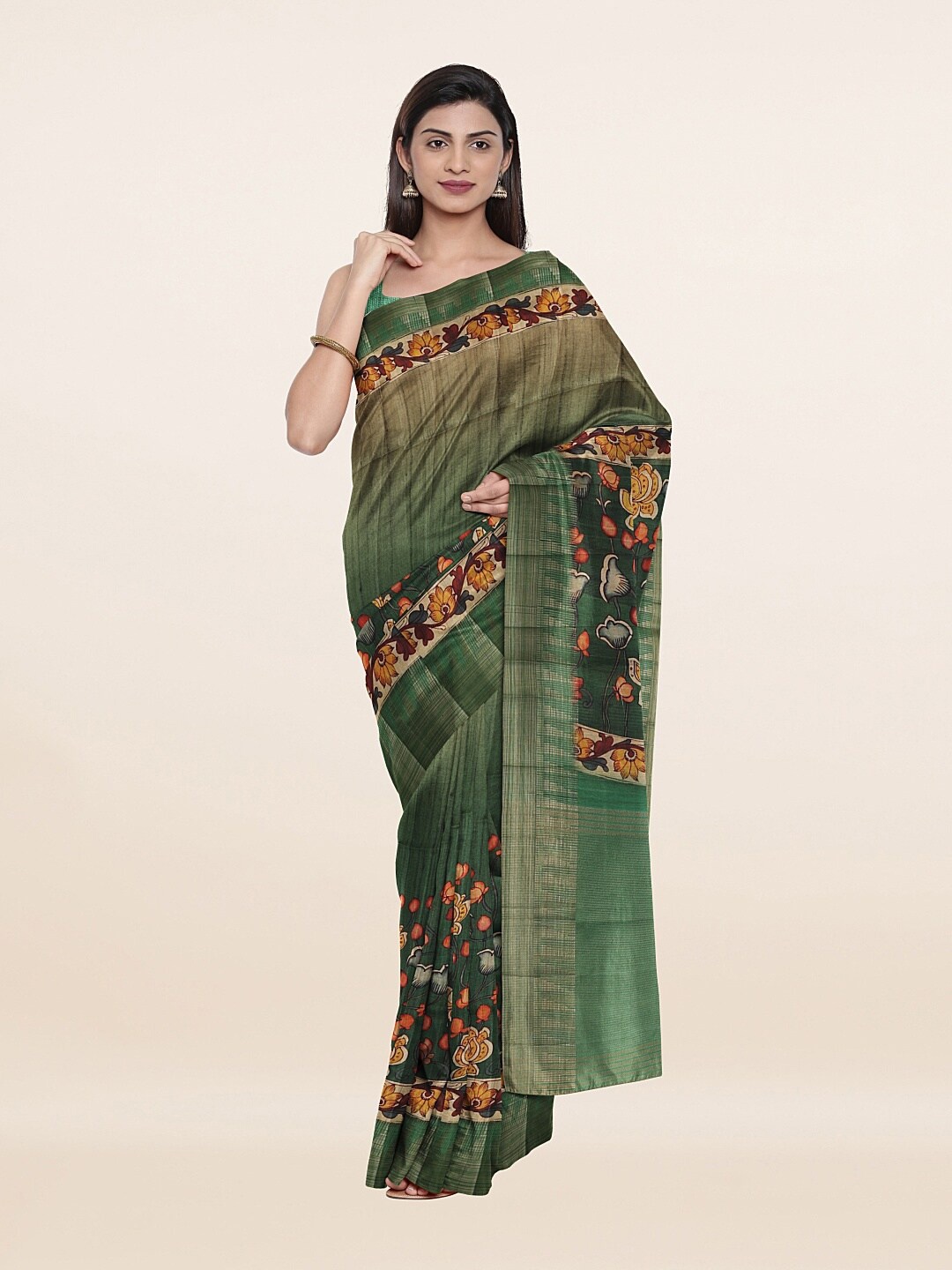 

Pothys Women Green & Orange Floral Zari Art Silk Saree