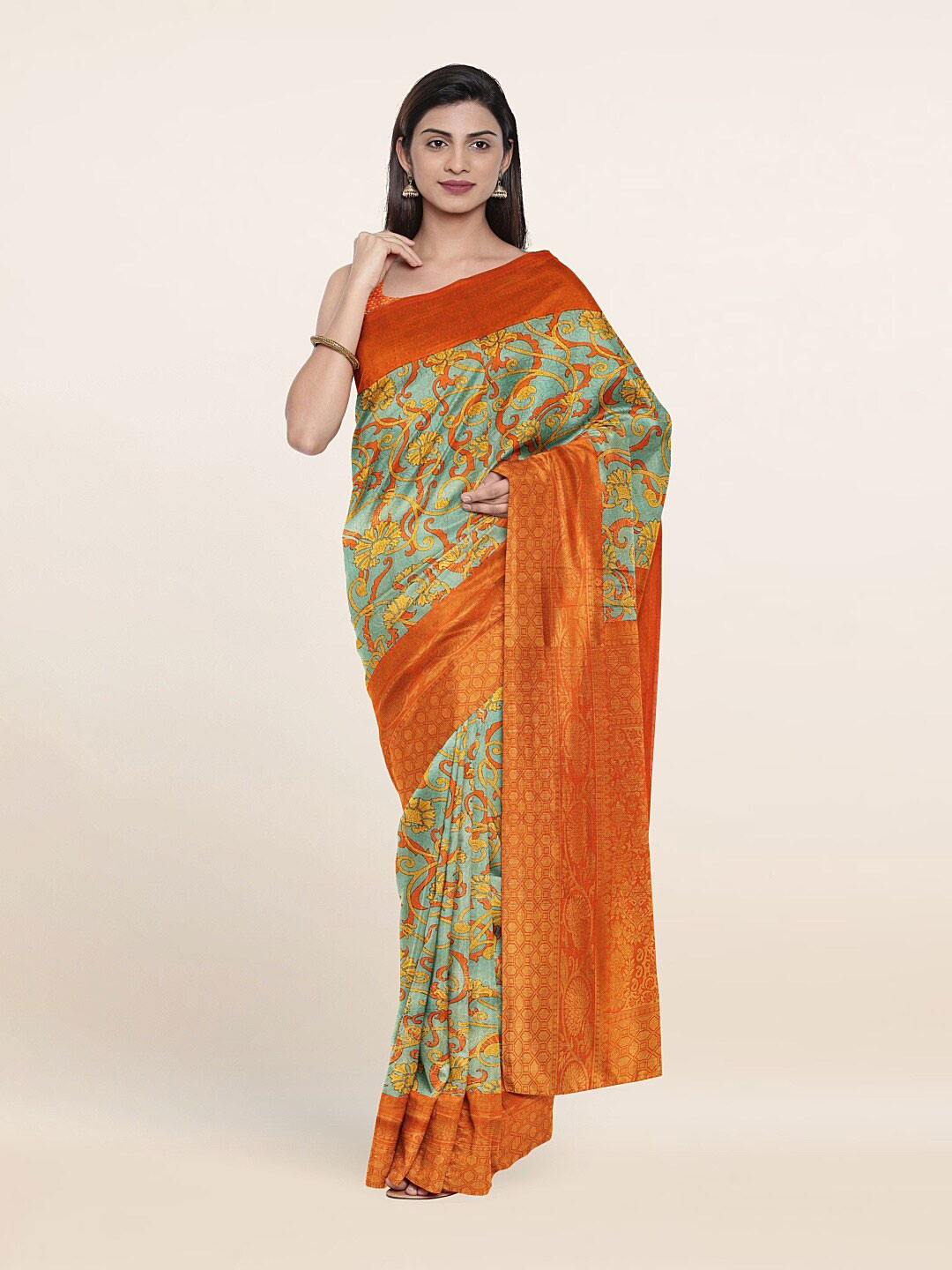 

Pothys Women Green & Gold-Toned Floral Zari Art Silk Saree