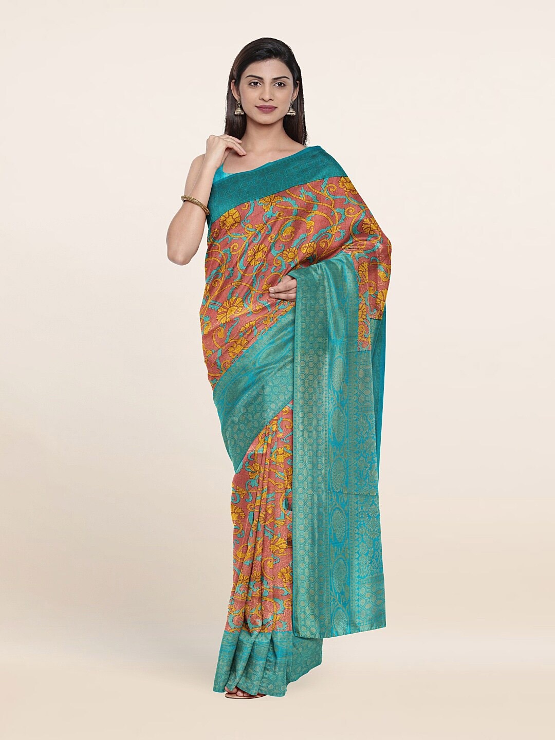 

Pothys Women Pink & Yellow Zari Printed Art Silk Saree