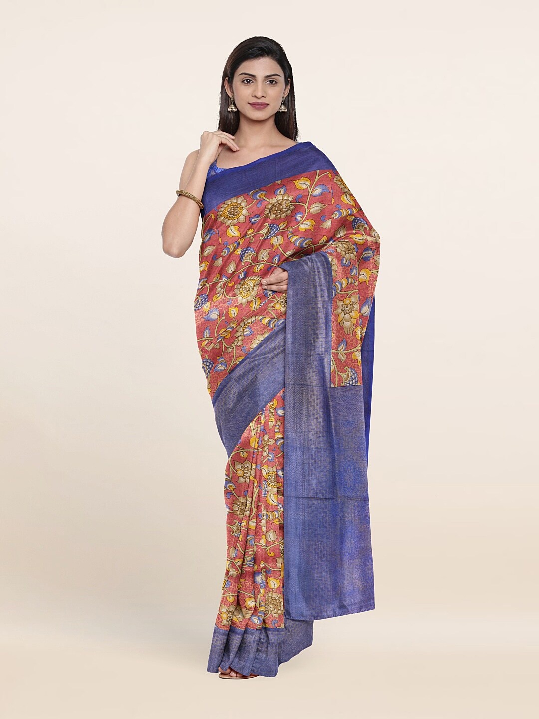 

Pothys Pink & Blue Kalamkari Zari Art Silk Saree