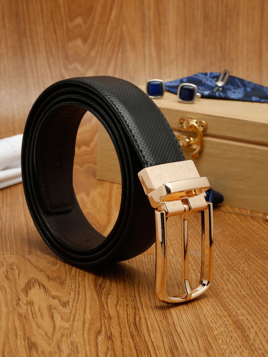 

MUTAQINOTI Men Black Textured PU Reversible Formal Belt