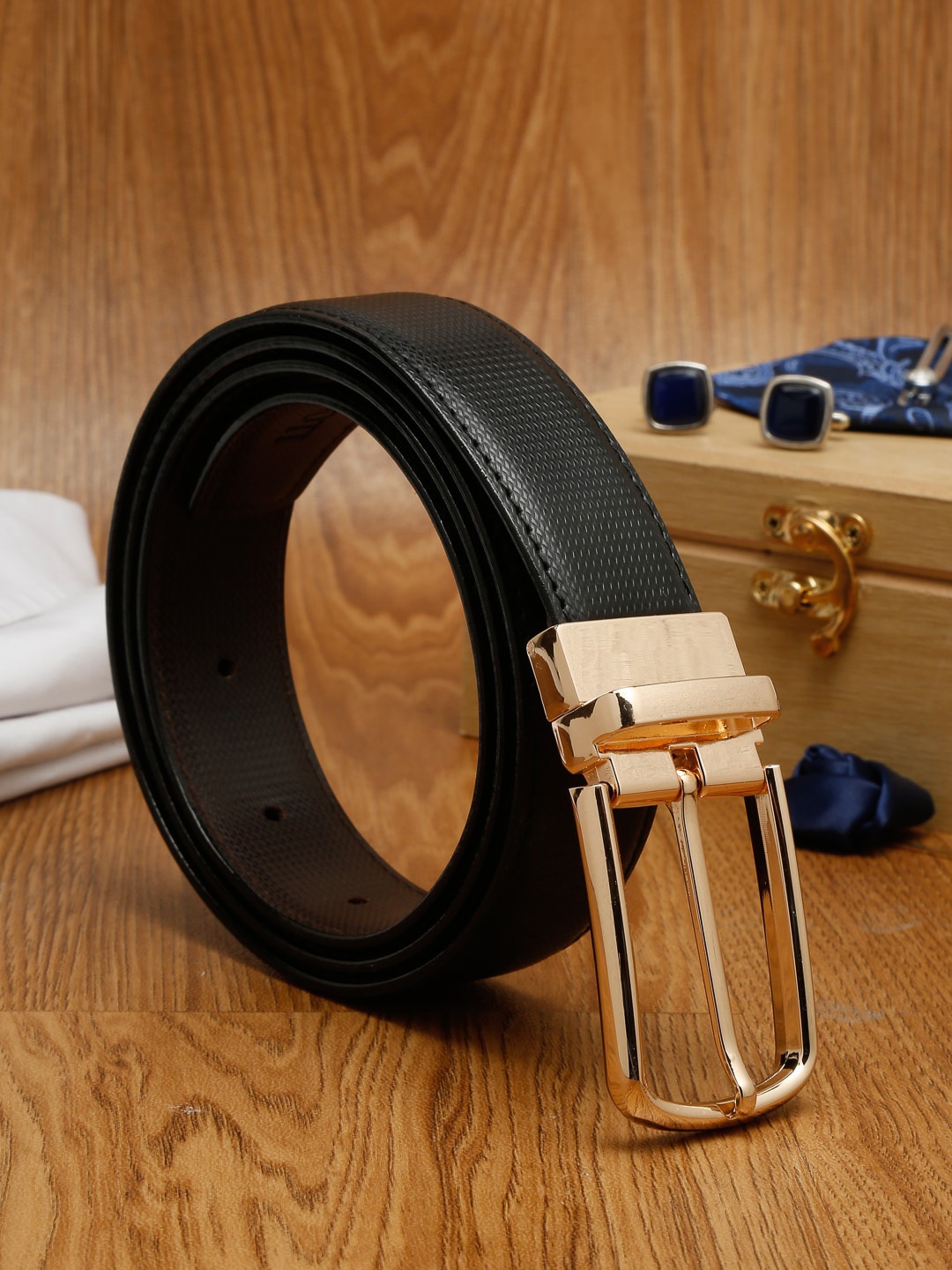 

MUTAQINOTI Men Black Textured PU Formal Belt
