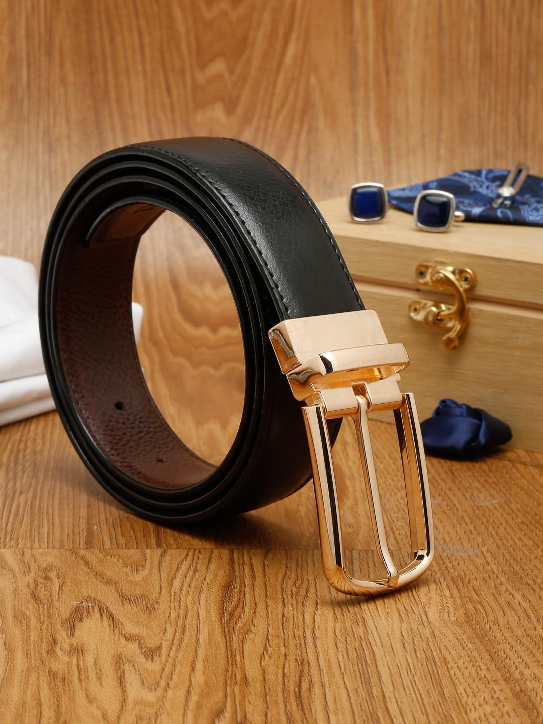 

MUTAQINOTI Men Black Textured PU Formal Belt