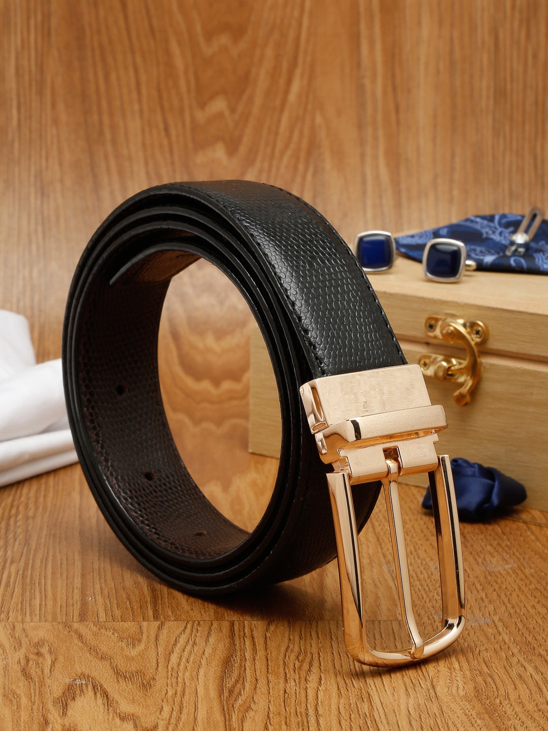 

MUTAQINOTI Men Black Textured PU Formal Belt