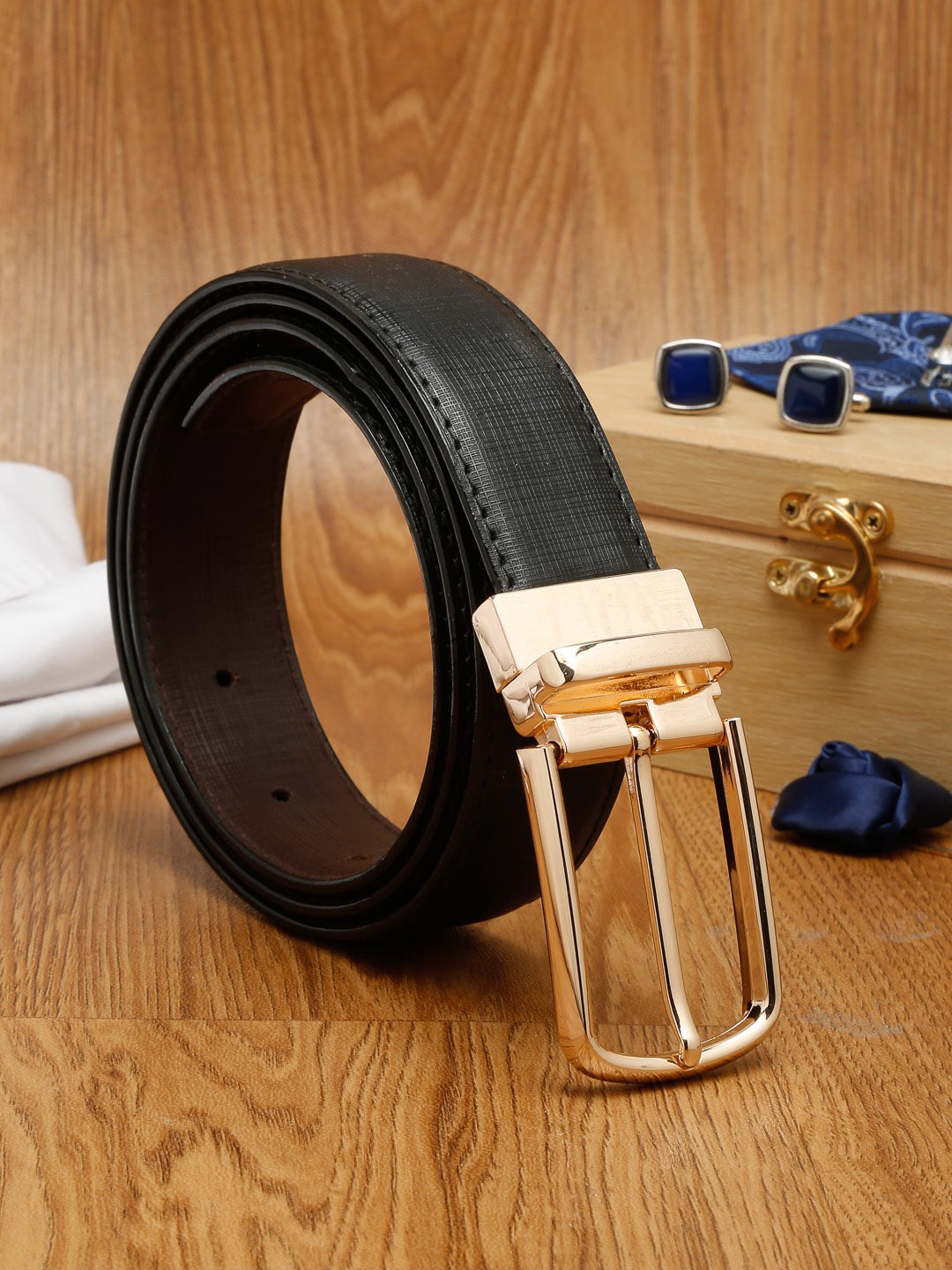 

MUTAQINOTI Men Black Textured PU Formal Belt