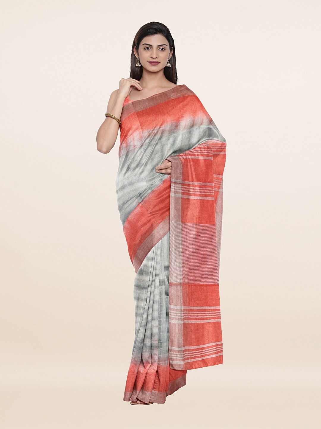 

Pothys Grey & Silver-Toned Zari Pure Linen Saree