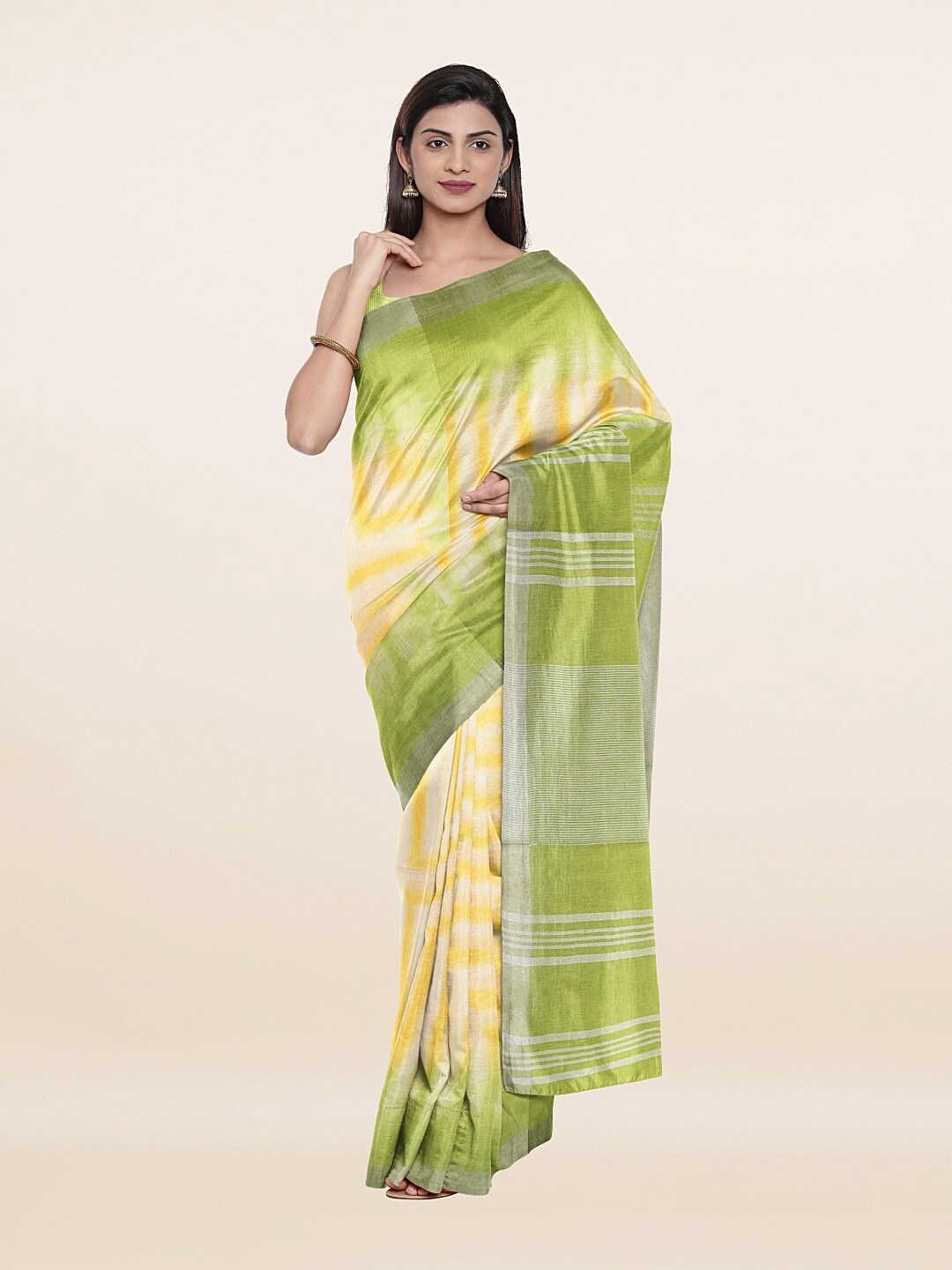

Pothys Yellow & Green Zari Pure Linen Saree