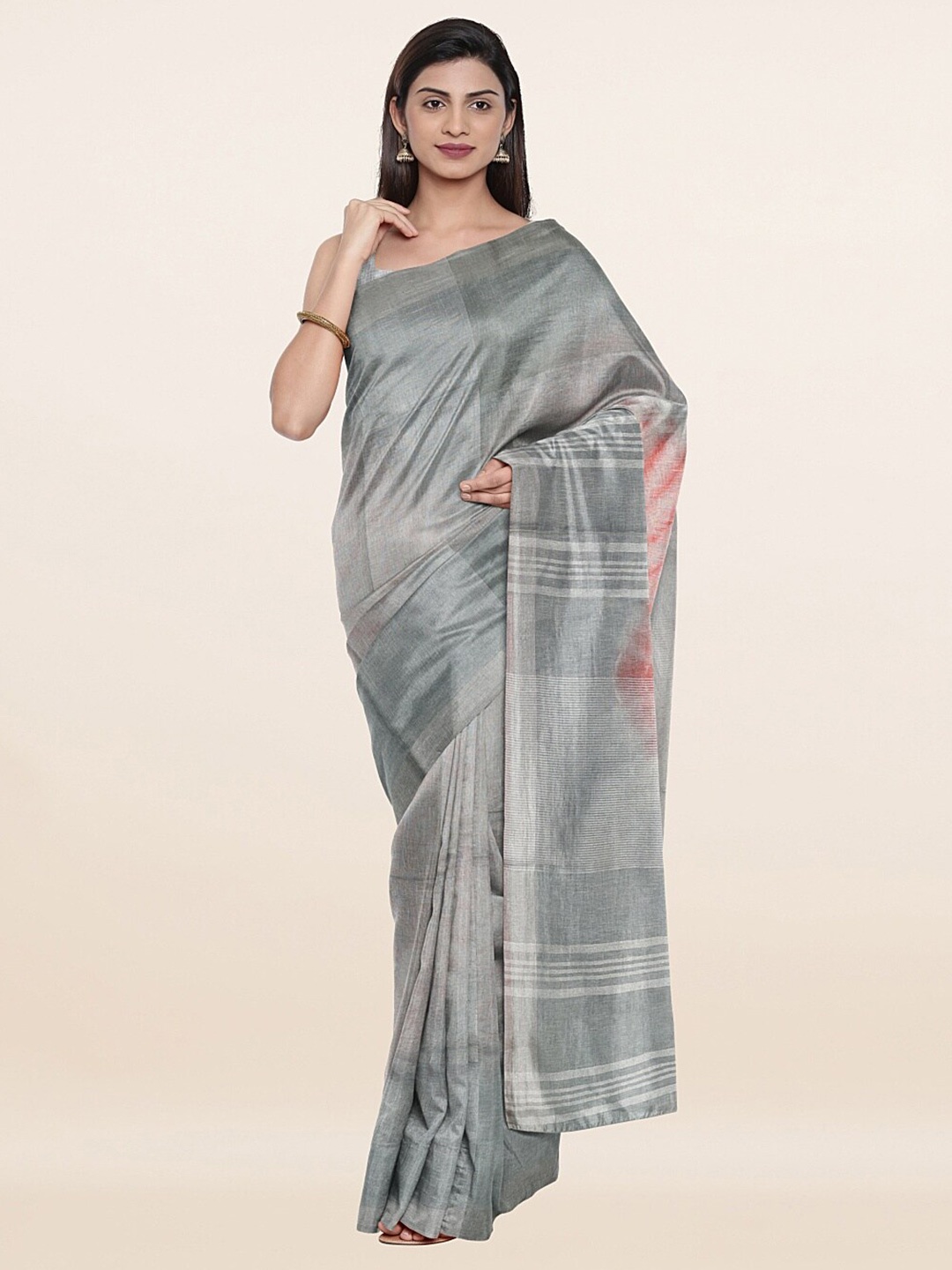 

Pothys Grey & Silver-Toned Zari Pure Linen Saree