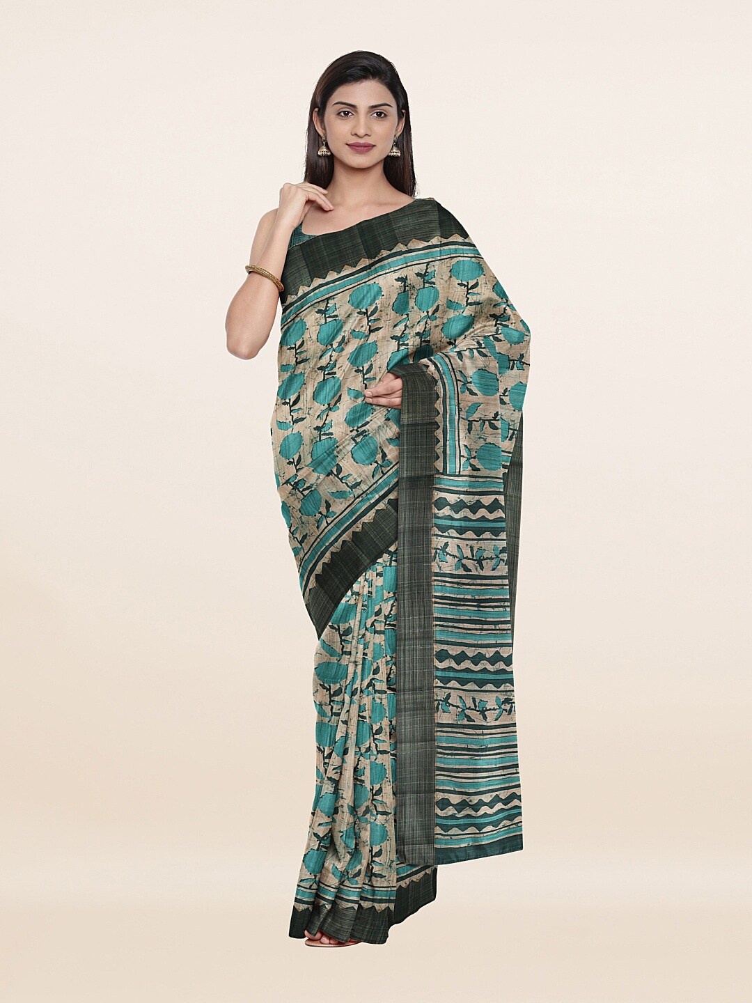 

Pothys Cream-Coloured & Green Woven Design Zari Art Silk Saree