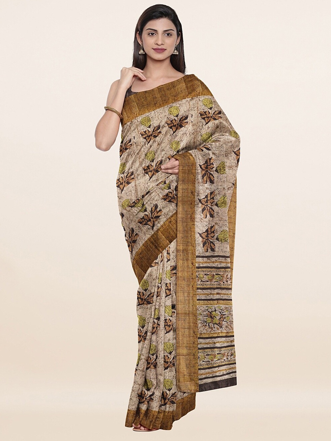 

Pothys Cream-Coloured & Green Floral Zari Art Silk Saree