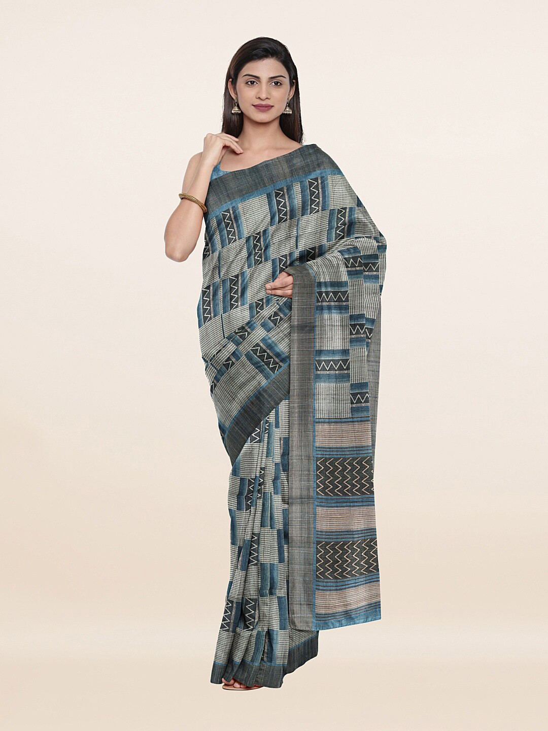 

Pothys Women Blue & Grey Zari Art Silk Saree